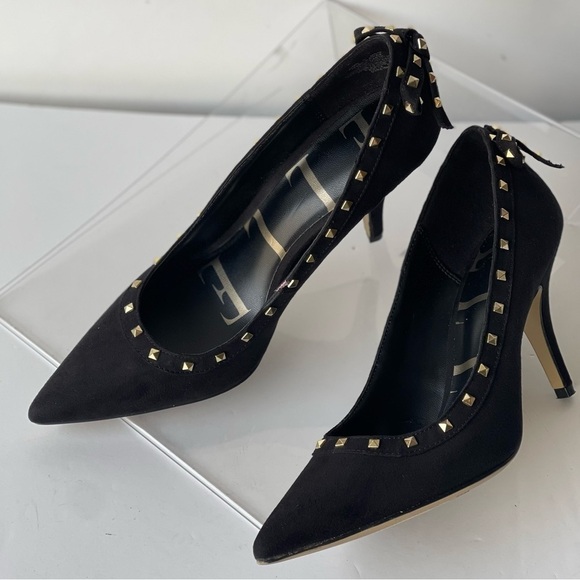 ELLE Women's Black Suede Pumps Heels Gold Studded Pointed Toe with Bow, Sz 8M - Picture 7 of 9